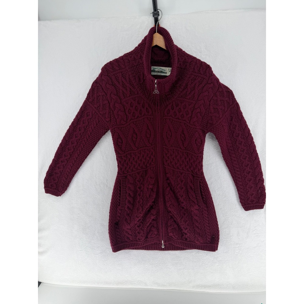 Aran Crafts Ireland Merino Wool Cable Knit Zip Cardigan Sweater Burgundy Wine M